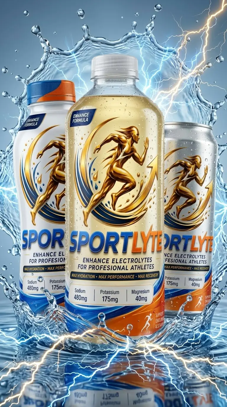 Rangkaian minuman Sportlyte di tengah percikan air dan energi